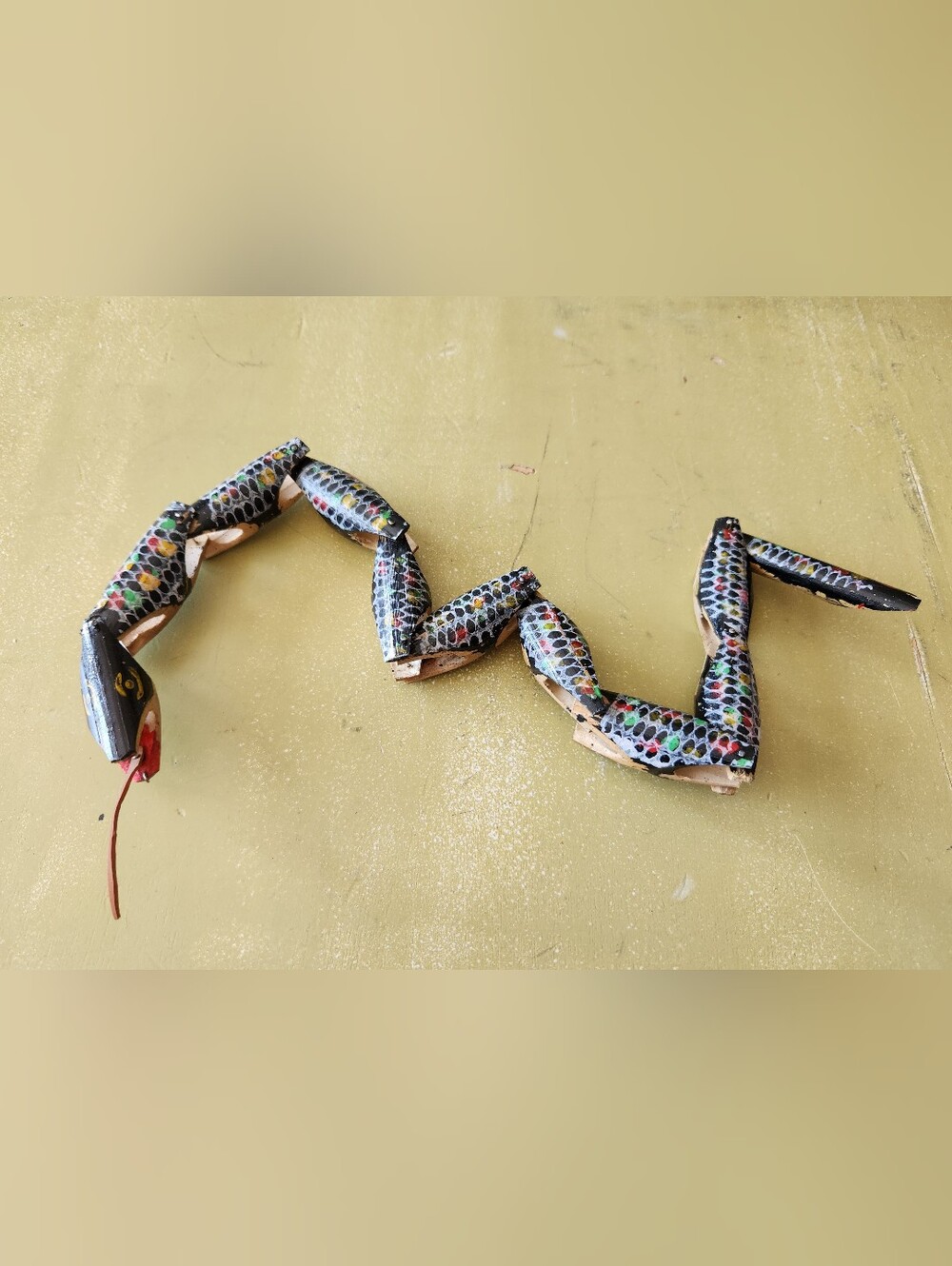 Vintage Articulated Multicolor Segmented Wooden Bamboo Snake Toy 1980s Original